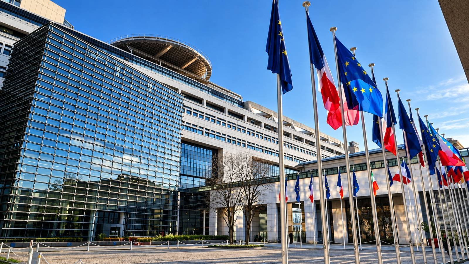 Façade d'un bâtiment administratif français, drapeaux français et européens alignés