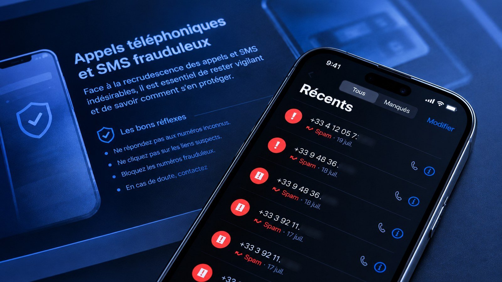 Journal d'appels d'un smartphone affichant une série d'appels signalés comme spam