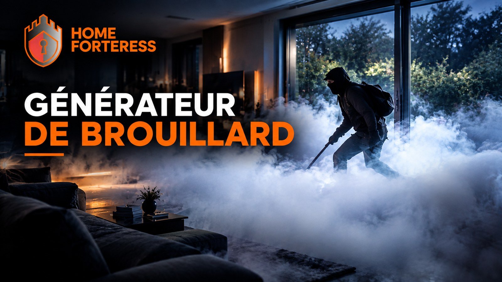 Générateur de brouillard Home Forteress se déclenchant dans un salon à l'intrusion d'un cambrioleur