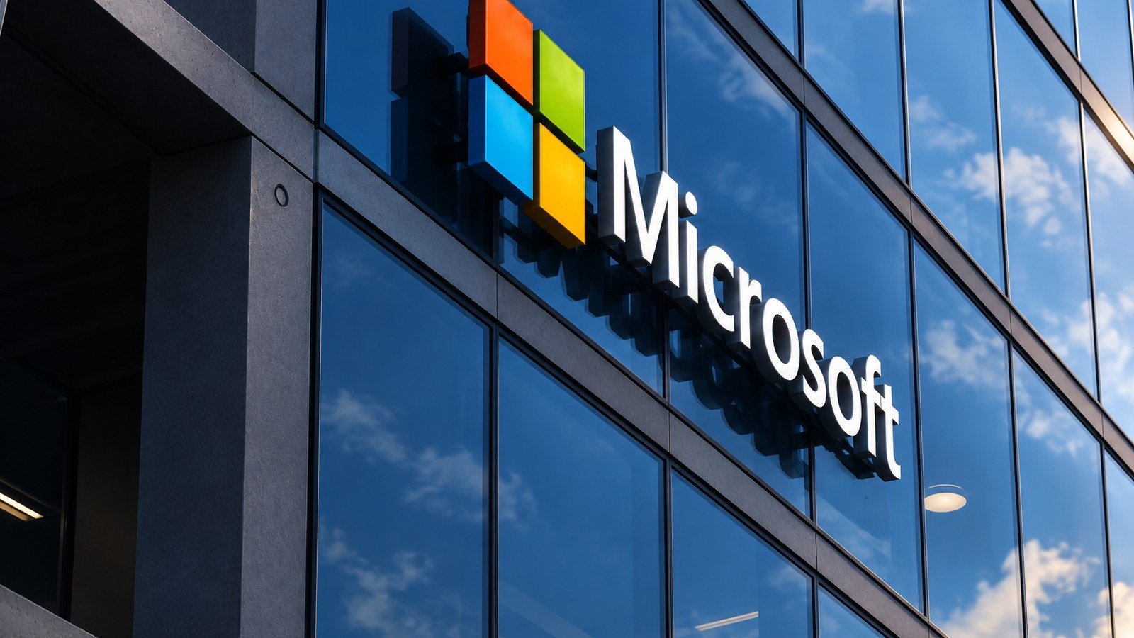 Logo Microsoft sur la façade vitrée d'un immeuble de bureaux